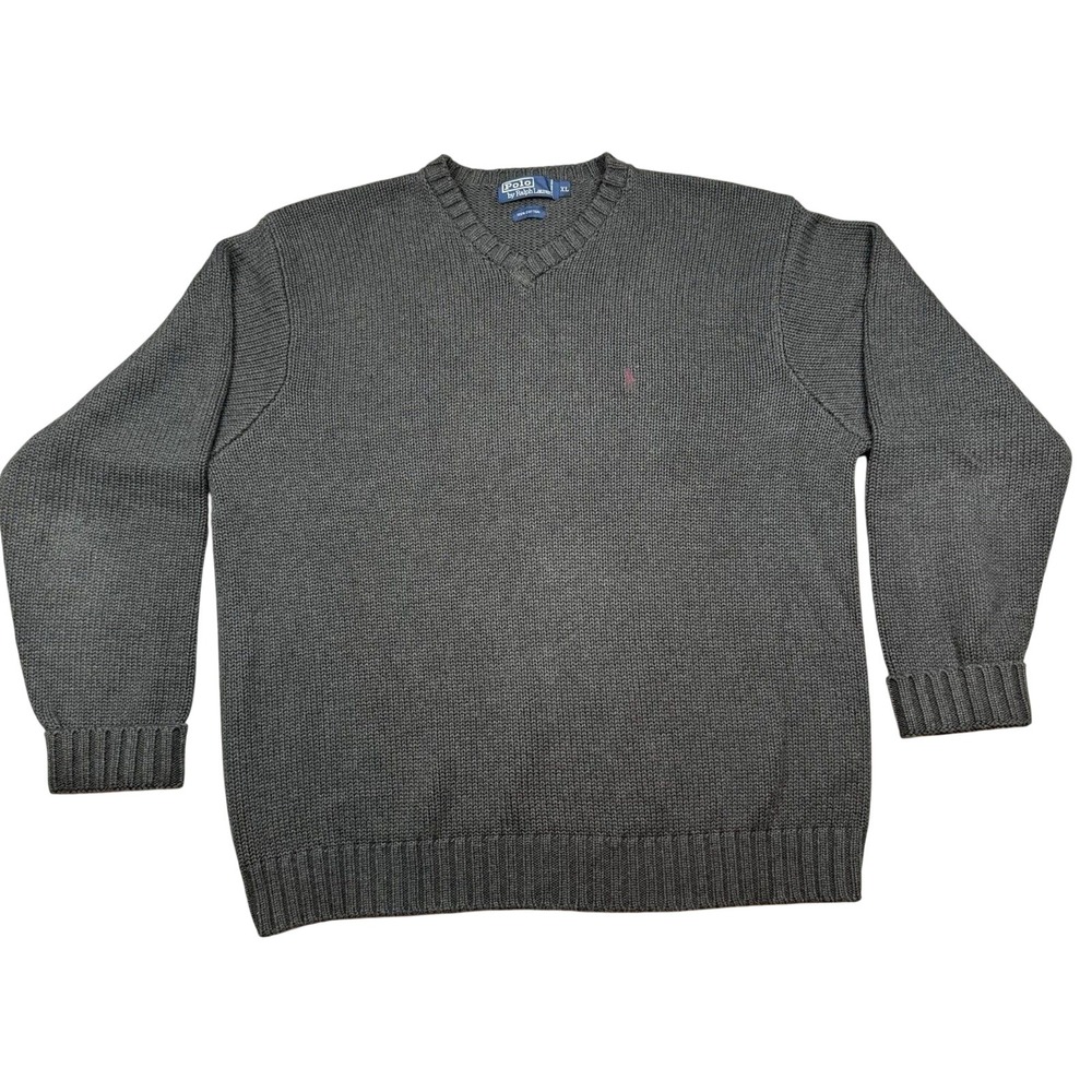 Polo Ralph Lauren Sweater Men's XL Gray Cotton V-neck Cuffed Long Sleeve Office